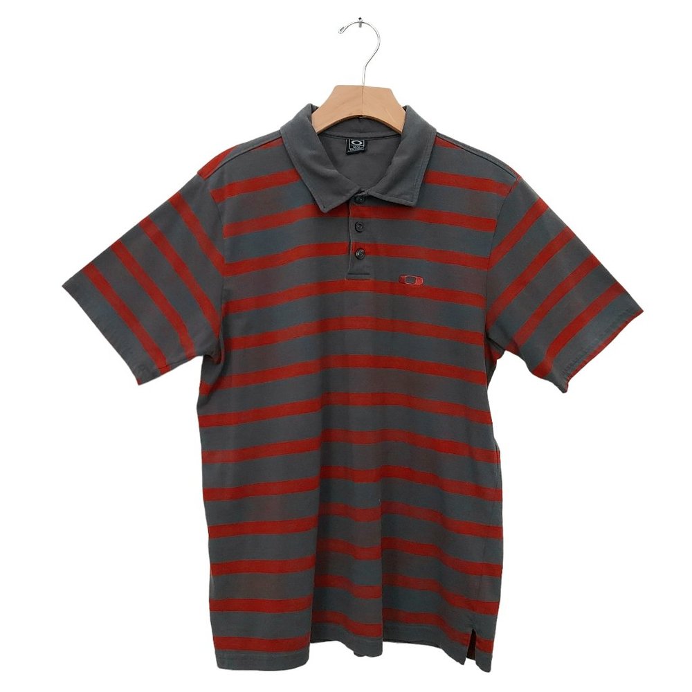 Oakley Polo Shirt Mens Medium Gray Striped Short Sleeve Performance Golf